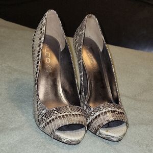 Aldo Snakeskin Peep Toe Heels - Black and Cream